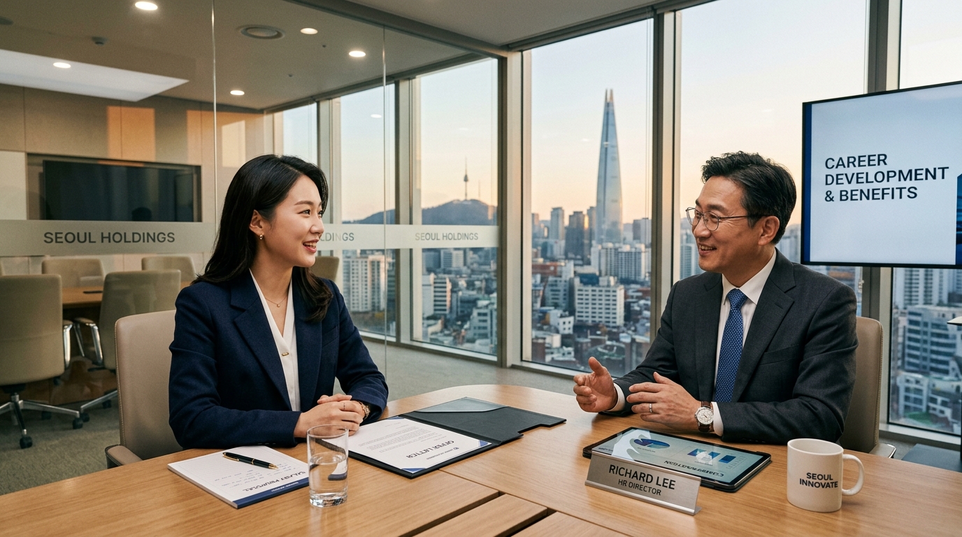 이직 최종 합격 후 기업 인사팀과 프로페셔널한 연봉 및 처우 협상 미팅을 진행하는 모습